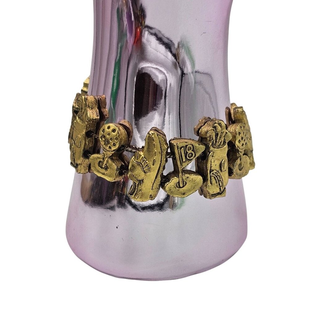 Vintage Gold-Tone Golf-Themed Charm Bracelet Unique Motifs Double Chain Design
